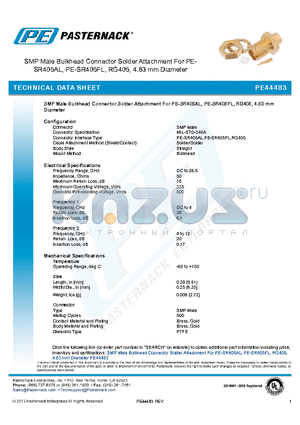 PE44483 datasheet - SMP Male Bulkhead Connector Solder Attachment For PE-SR405AL PE-SR405FL RG405 4.83 mm Diameter