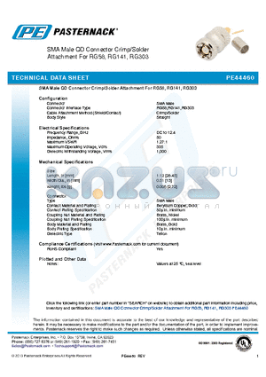 PE44460 datasheet - SMA Male QD Connector Crimp/Solder Attachment For RG58, RG141, RG303