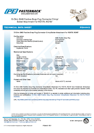 PE44443 datasheet - 75 Ohm SMB Positive Snap Plug Connector Crimp/Solder Attachment For RG179, RG187