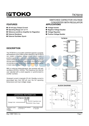 TK75018 datasheet - SWITCHED CAPACITOR VOLTAGE CONVERTER WITH REGULATOR