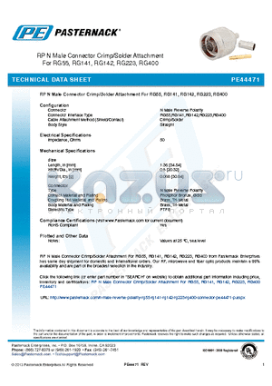 PE44471 datasheet - RP N Male Connector Crimp/Solder Attachment For RG55, RG141, RG142, RG223, RG400