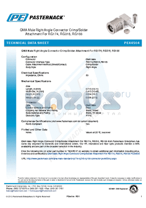 PE44504 datasheet - QMA Male Right Angle Connector Crimp/Solder Attachment For RG174, RG316, RG188