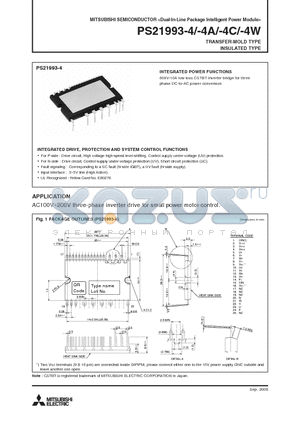 PS21993-4 datasheet - Dual-In-Line Package Intelligent Power Module TRANSFER-MOLD TYPE INSULATED TYPE