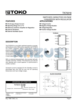 TK75018MCTL datasheet - SWITCHED CAPACITOR VOLTAGE CONVERTER WITH REGULATOR
