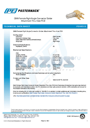 PE44513 datasheet - QMA Female Right Angle Connector Solder Attachment Thru Hole PCB