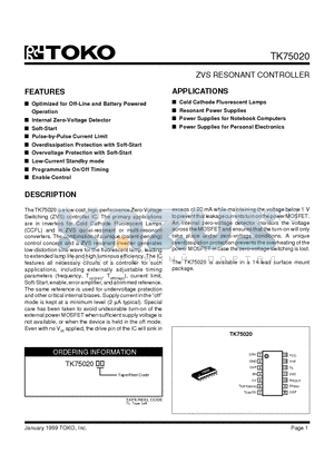 TK75020 datasheet - ZVS RESONANT CONTROLLER