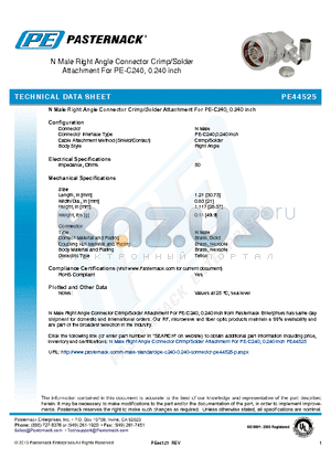 PE44525 datasheet - N Male Right Angle Connector Crimp/Solder Attachment For PE-C240, 0.240 inch