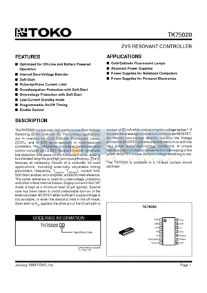 TK75020TL/75020 datasheet - ZVS RESONANT CONTROLLER