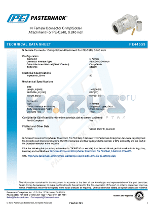 PE44533 datasheet - N Female Connector Crimp/Solder Attachment For PE-C240, 0.240 inch