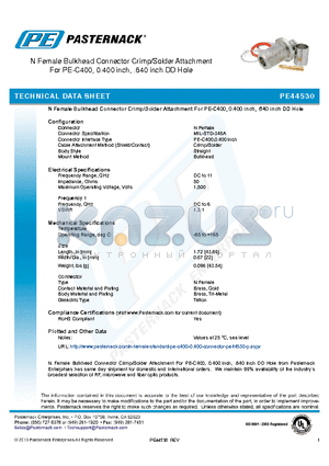 PE44530 datasheet - N Female Bulkhead Connector Crimp/Solder Attachment For PE-C400, 0.400 inch, .640 inch DD Hole