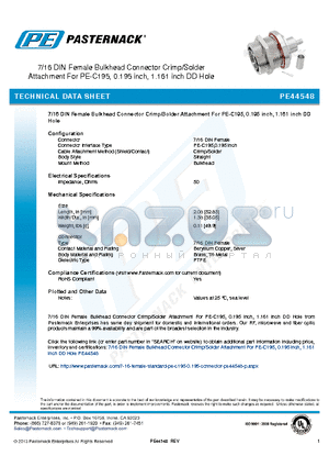 PE44548 datasheet - 7/16 DIN Female Bulkhead Connector Crimp/Solder Attachment For PE-C195, 0.195 inch, 1.161 inch DD Hole