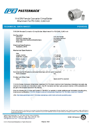 PE44545 datasheet - 7/16 DIN Female Connector Crimp/Solder Attachment For PE-C240, 0.240 inch