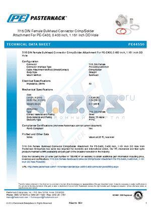 PE44550 datasheet - 7/16 DIN Female Bulkhead Connector Crimp/Solder Attachment For PE-C400, 0.400 inch, 1.161 inch DD Hole