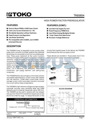 TK83854 datasheet - HIGH POWER FACTOR PREREGULATOR