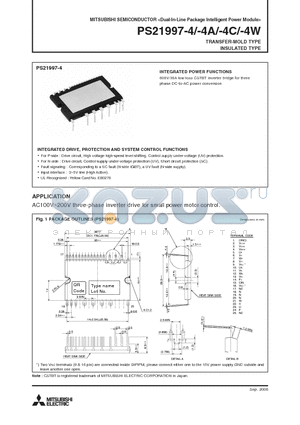 PS21997-4W datasheet - Dual-In-Line Package Intelligent Power Module TRANSFER-MOLD TYPE INSULATED TYPE