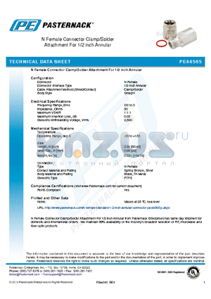 PE44565 datasheet - N Female Connector Clamp/Solder Attachment For 1/2 inch Annular