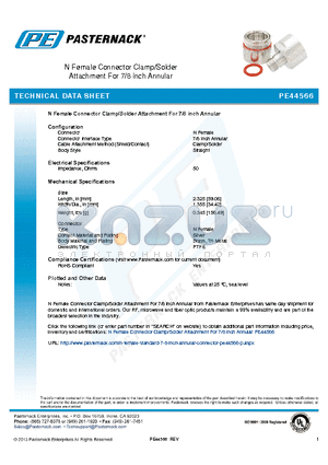 PE44566 datasheet - N Female Connector Clamp/Solder Attachment For 7/8 inch Annular