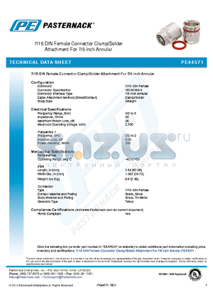 PE44571 datasheet - 7/16 DIN Female Connector Clamp/Solder Attachment For 7/8 inch Annular