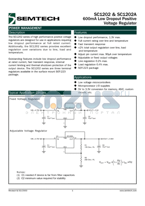 SC1202A datasheet - 600mA Low Dropout Positive Voltage Regulator