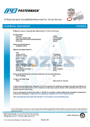 PE44563 datasheet - N Male Connector Clamp/Solder Attachment For 7/8 inch Annular