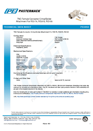 PE4462 datasheet - TNC Female Connector Crimp/Solder Attachment For RG174, RG316, RG188