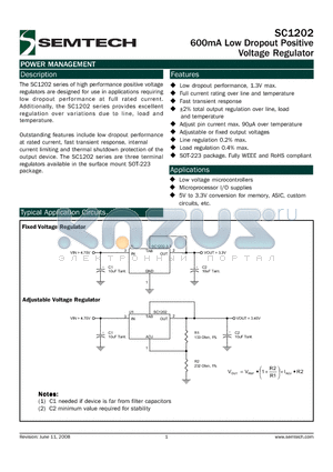 SC1202 datasheet - 600mA Low Dropout Positive Voltage Regulator
