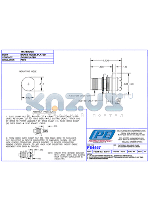 PE4467 datasheet - TNC FEMALE BULKHEAD CLAMP ATTACHMENT FOR RG178 &RG196