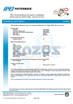 PE4465 datasheet - TNC Female Bulkhead Connector Crimp/Solder Attachment For RG59, RG62, .480 inch D Hole