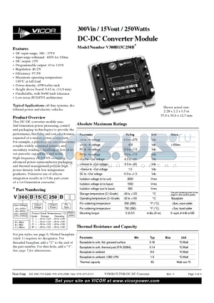 V300C15C250B datasheet - 300Vin / 15Vout / 250Watts DC-DC Converter Module