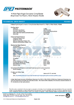 PE4483 datasheet - N Male Right Angle Connector Crimp/Solder Attachment For RG214, RG9, RG225, RG393