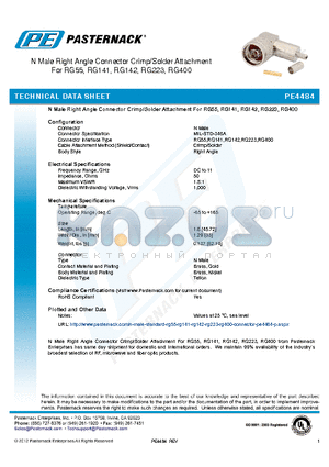 PE4484 datasheet - N Male Right Angle Connector Crimp/Solder Attachment For RG55, RG141, RG142, RG223, RG400