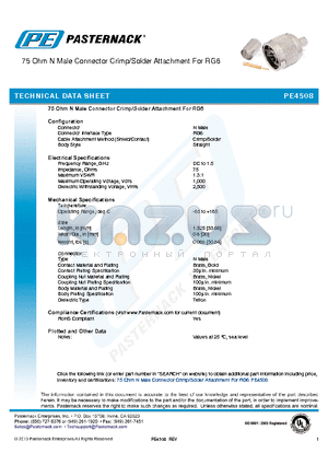 PE4508 datasheet - 75 Ohm N Male Connector Crimp/Solder Attachment For RG6