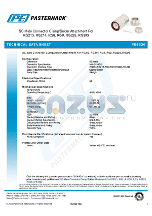 PE4520 datasheet - SC Male Connector Clamp/Solder Attachment For RG213, RG214, RG8, RG9, RG225, RG393