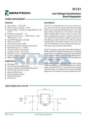 SC121 datasheet - Low Voltage Synchronous Boost Regulator