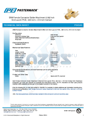 PE4543 datasheet - SMA Female Connector Solder Attachment 0.062 inch End Launch PCB, .020 inch x .010 inch Contact