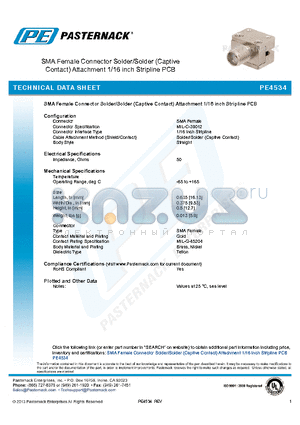 PE4534 datasheet - SMA Female Connector Solder/Solder (Captive Contact) Attachment 1/16 inch Stripline PCB