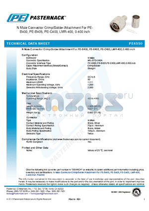 PE4550 datasheet - N Male Connector Crimp/Solder Attachment For PEB400 PE-B405, PE-C400, LMR-400, 0.400 inch