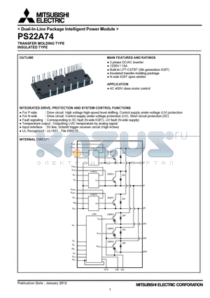PS22A74 datasheet - Dual-In-Line Package Intelligent Power Module