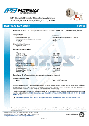 PE4566 datasheet - 7/16 DIN Male Connector Clamp/Solder Attachment For RG58, RG55, RG141, RG142, RG223, RG400