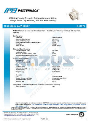 PE4573 datasheet - 7/16 DIN Female Connector Solder Attachment 4 Hole Flange Solder Cup Terminal, .975 inch Hole Spacing