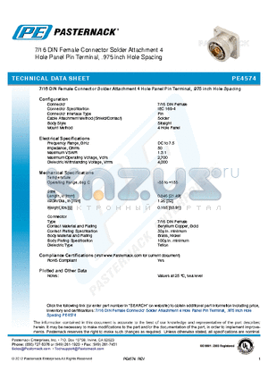 PE4574 datasheet - 7/16 DIN Female Connector Solder Attachment 4 Hole Panel Pin Terminal, .975 inch Hole Spacing