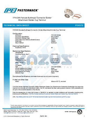 PE4572 datasheet - 7/16 DIN Female Bulkhead Connector Solder Attachment Solder Cup Terminal