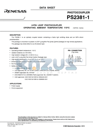 PS2381-1-F3 datasheet - 4-PIN LSOP PHOTOCOUPLER OPERATING AMBIENT TEMPERATURE 115`C