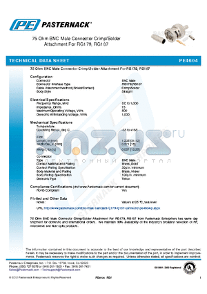 PE4604 datasheet - 75 Ohm BNC Male Connector Crimp/Solder Attachment For RG179, RG187