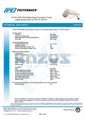 PE4610 datasheet - 75 Ohm BNC Male Right Angle Connector Crimp/ Solder Attachment For RG179, RG187