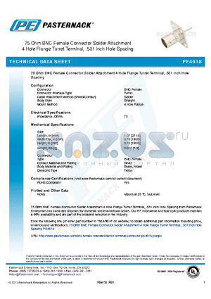 PE4618 datasheet - 75 Ohm BNC Female Connector Solder Attachment 4 Hole Flange Turret Terminal, .531 inch Hole Spacing