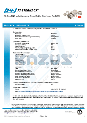 PE4601 datasheet - 75 Ohm BNC Male Connector Clamp/Solder Attachment For RG59