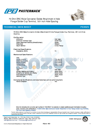 PE4625 datasheet - 75 Ohm BNC Male Connector Solder Attachment 4 Hole Flange Solder Cup Terminal, .531 inch Hole Spacing