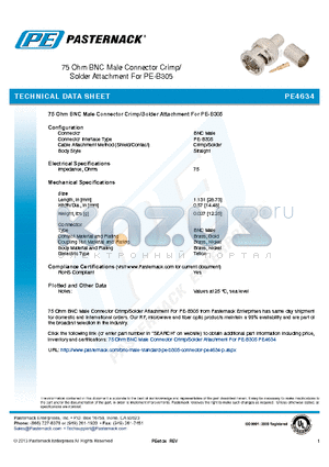 PE4634 datasheet - 75 Ohm BNC Male Connector Crimp/ Solder Attachment For PE-B305