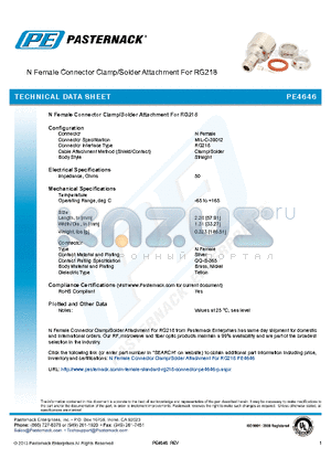 PE4646 datasheet - N Female Connector Clamp/Solder Attachment For RG218